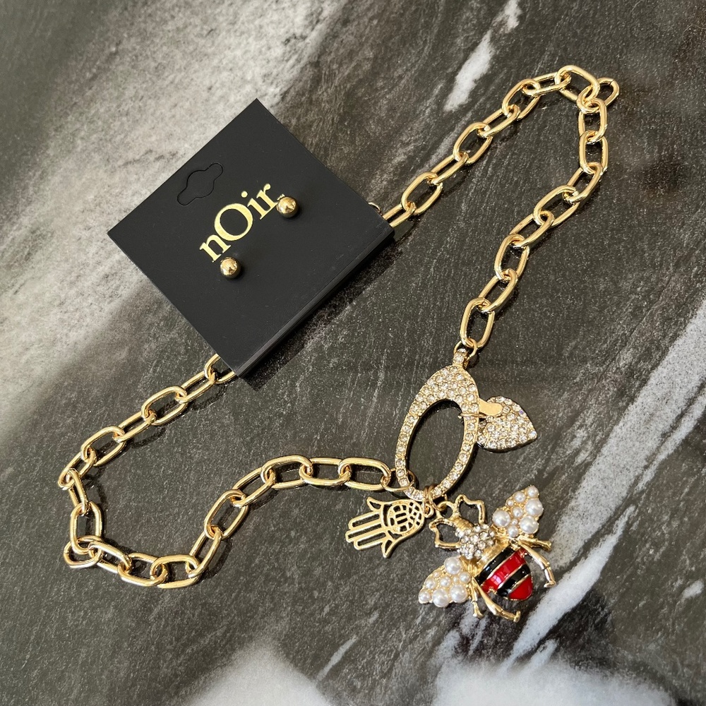 Noir Bee Paperclip Chain Necklace with Stud Earrings - NWT